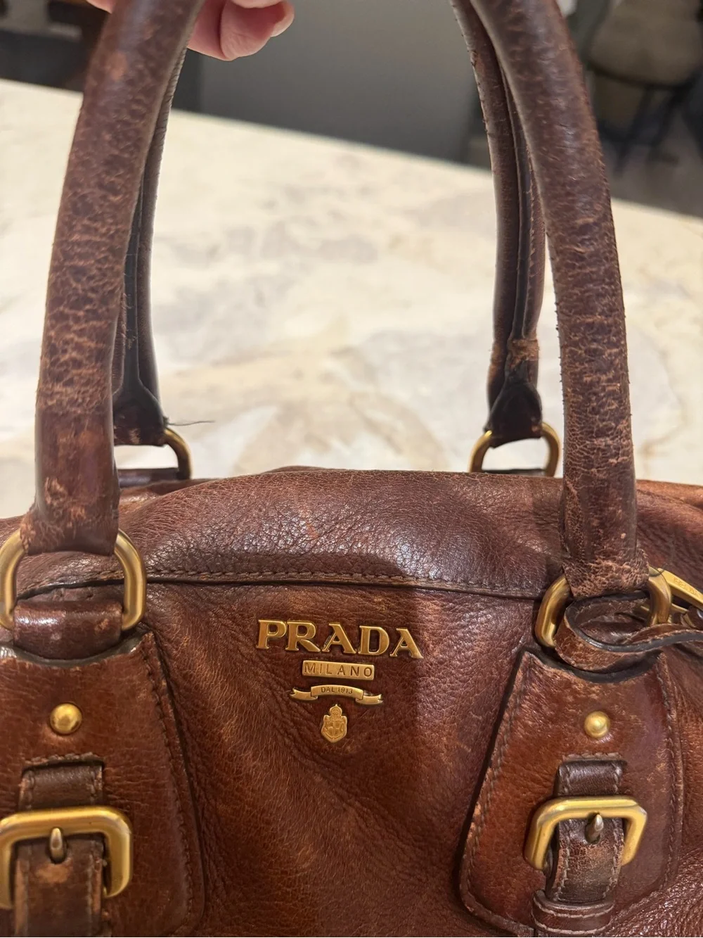 Prada Cognac Leather Satchel with Gold Hardware